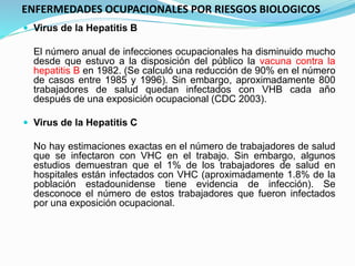  Virus de la Hepatitis B
El número anual de infecciones ocupacionales ha disminuido mucho
desde que estuvo a la disposición del público la vacuna contra la
hepatitis B en 1982. (Se calculó una reducción de 90% en el número
de casos entre 1985 y 1996). Sin embargo, aproximadamente 800
trabajadores de salud quedan infectados con VHB cada año
después de una exposición ocupacional (CDC 2003).
 Virus de la Hepatitis C
No hay estimaciones exactas en el número de trabajadores de salud
que se infectaron con VHC en el trabajo. Sin embargo, algunos
estudios demuestran que el 1% de los trabajadores de salud en
hospitales están infectados con VHC (aproximadamente 1.8% de la
población estadounidense tiene evidencia de infección). Se
desconoce el número de estos trabajadores que fueron infectados
por una exposición ocupacional.
ENFERMEDADES OCUPACIONALES POR RIESGOS BIOLOGICOS
 