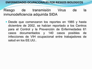  Desde que comenzaron los reportes en 1985 y hasta
diciembre de 2002, se habían reportado a los Centros
para el Control y la Prevención de Enfermedades 61
casos documentados y 140 casos posibles de
infecciones de VIH ocupacional entre trabajadores de
salud en los EE.UU..
ENFERMEDADES OCUPACIONALES POR RIESGOS BIOLOGICOS
Riesgo de transmisión Virus de la
inmunodeficiencia adquirida SIDA
 