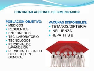 CONTINUAR ACCIONES DE INMUNIZACION
POBLACION OBJETIVO:
 MEDICOS
 RESIDENTES
 ENFERMEROS
 TEC. LABORATORIO
 TECNOLOGOS
 PERSONAL DE
LAVANDERÍA
 PERSONAL DE SALUD
DEL HEJCU EN
GENERAL
VACUNAS DISPONIBLES:
 TETANOS/DIFTERIA
 INFLUENZA
 HEPATITIS B
 