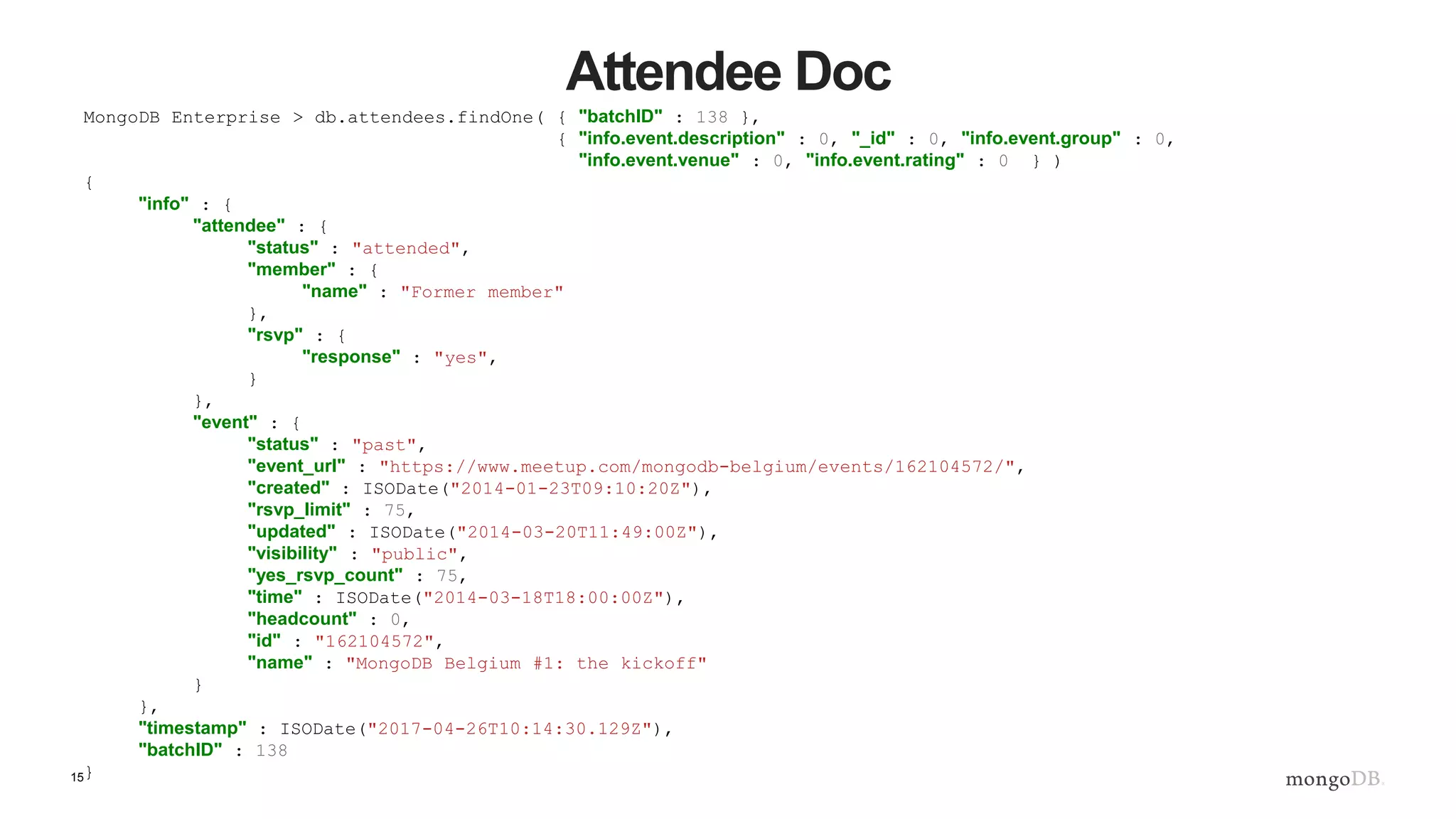 15
Attendee Doc
MongoDB Enterprise > db.attendees.findOne( { "batchID" : 138 },
{ "info.event.description" : 0, "_id" : 0, "info.event.group" : 0,
"info.event.venue" : 0, "info.event.rating" : 0 } )
{
"info" : {
"attendee" : {
"status" : "attended",
"member" : {
"name" : "Former member"
},
"rsvp" : {
"response" : "yes",
}
},
"event" : {
"status" : "past",
"event_url" : "https://www.meetup.com/mongodb-belgium/events/162104572/",
"created" : ISODate("2014-01-23T09:10:20Z"),
"rsvp_limit" : 75,
"updated" : ISODate("2014-03-20T11:49:00Z"),
"visibility" : "public",
"yes_rsvp_count" : 75,
"time" : ISODate("2014-03-18T18:00:00Z"),
"headcount" : 0,
"id" : "162104572",
"name" : "MongoDB Belgium #1: the kickoff"
}
},
"timestamp" : ISODate("2017-04-26T10:14:30.129Z"),
"batchID" : 138
}
 