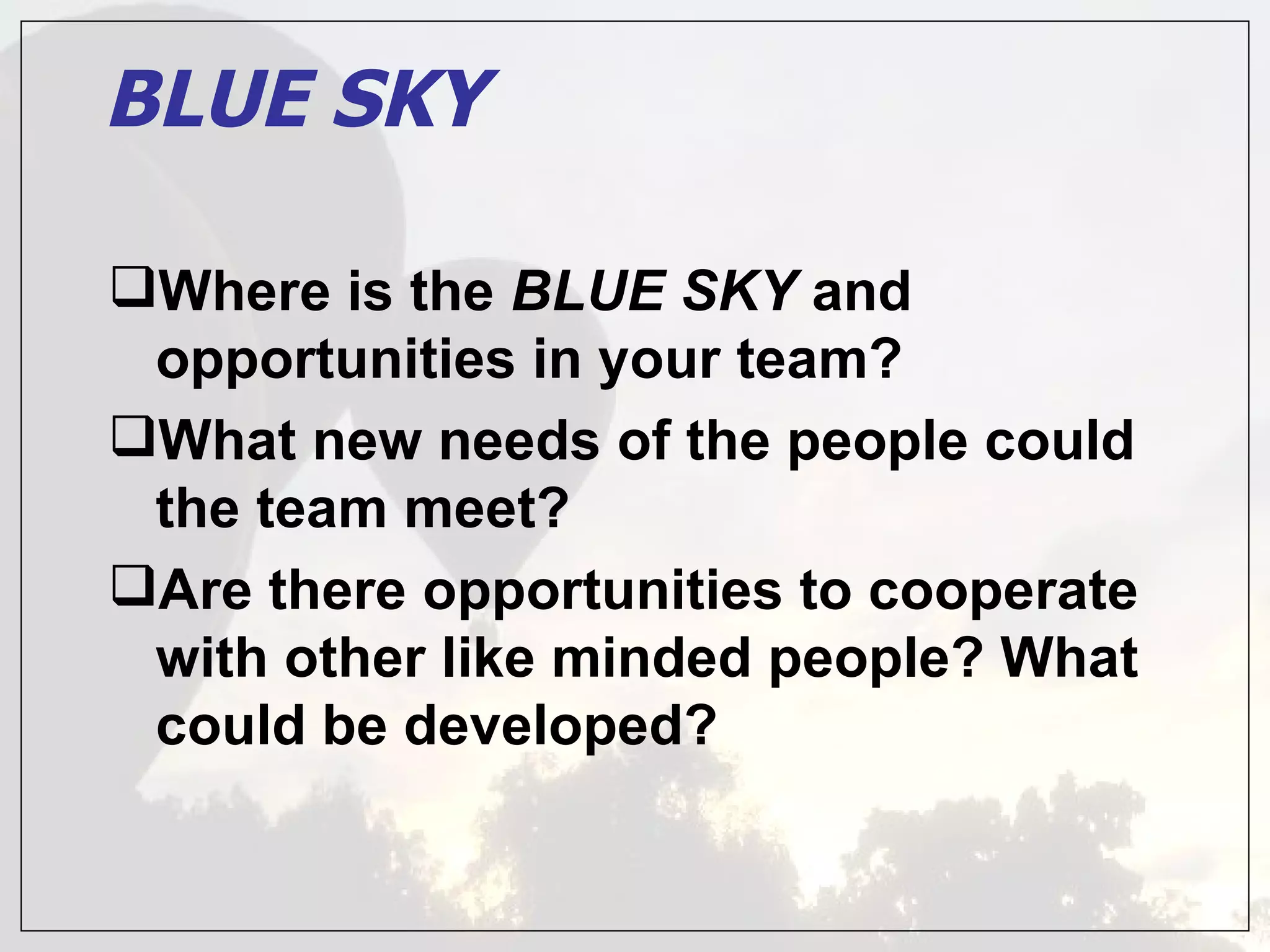 BLUE SKY

Where is the BLUE SKY and
 opportunities in your team?
What new needs of the people could
 the team meet?
Are there opportunities to cooperate
 with other like minded people? What
 could be developed?
 