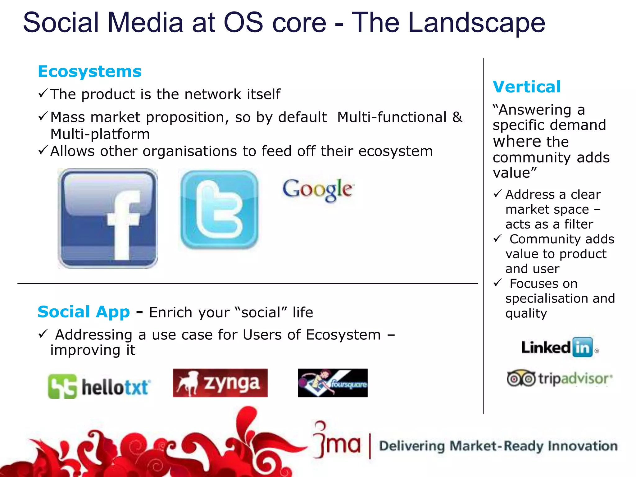 Social Media at OS core - The Landscape
 Ecosystems
  The product is the network itself                           Vertical
                                                               “Answering a
  Mass market proposition, so by default Multi-functional &
                                                               specific demand
   Multi-platform
                                                               where the
  Allows other organisations to feed off their ecosystem      community adds
                                                               value”
                                                                Address a clear
                                                                 market space –
                                                                 acts as a filter
                                                                Community adds
                                                                 value to product
                                                                 and user
                                                                Focuses on
                                                                 specialisation and
 Social App - Enrich your “social” life                          quality
  Addressing a use case for Users of Ecosystem –
  improving it
 