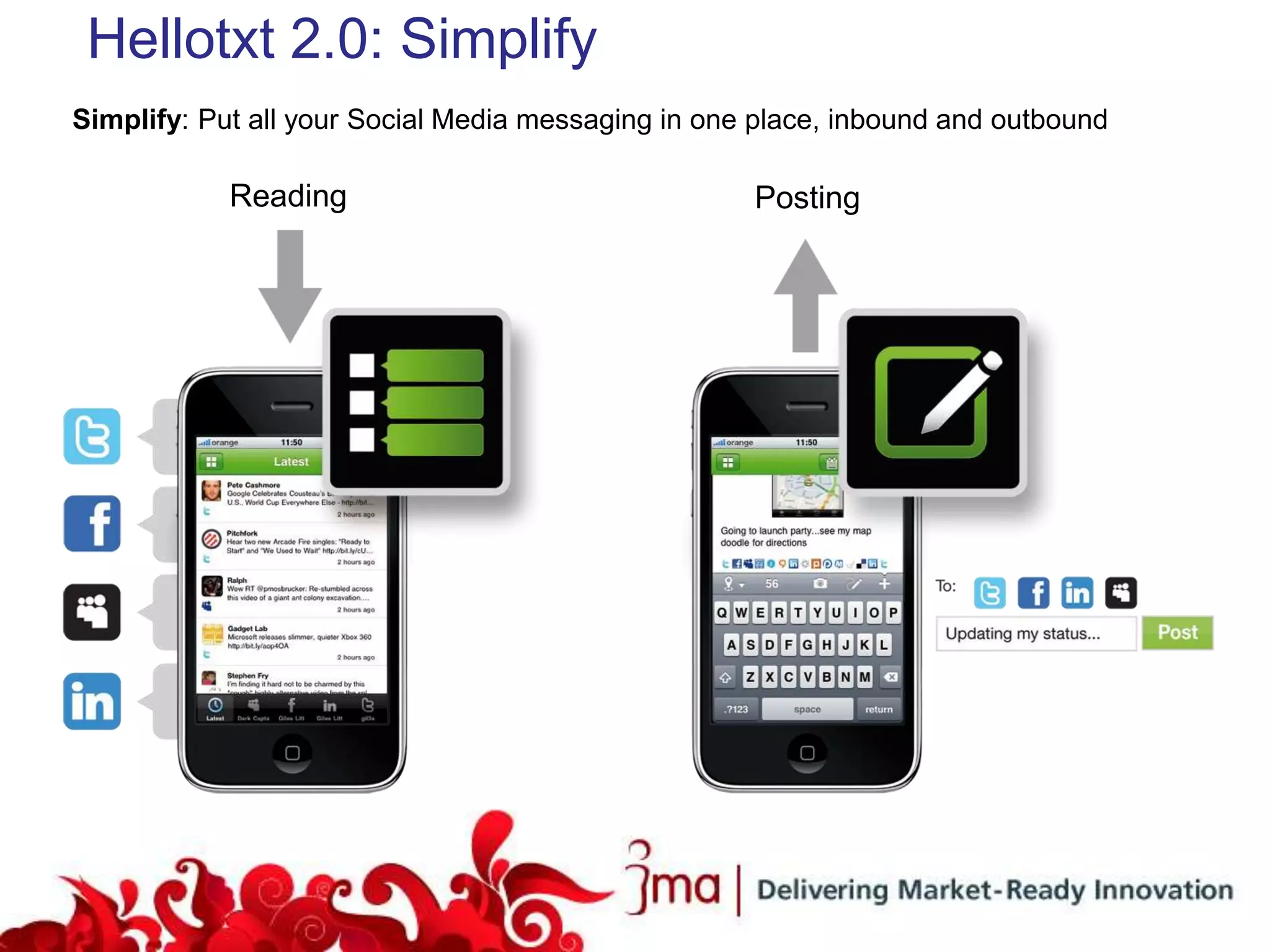 Hellotxt 2.0: Simplify
Simplify: Put all your Social Media messaging in one place, inbound and outbound

            Reading                                 Posting
 