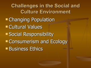 Challenges in the Social and Culture Environment Changing Population Cultural Values Social Responsibility Consumerism and Ecology Business Ethics 