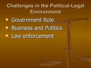 Challenges in the Political-Legal Environment Government Role Business and Politics Law enforcement 