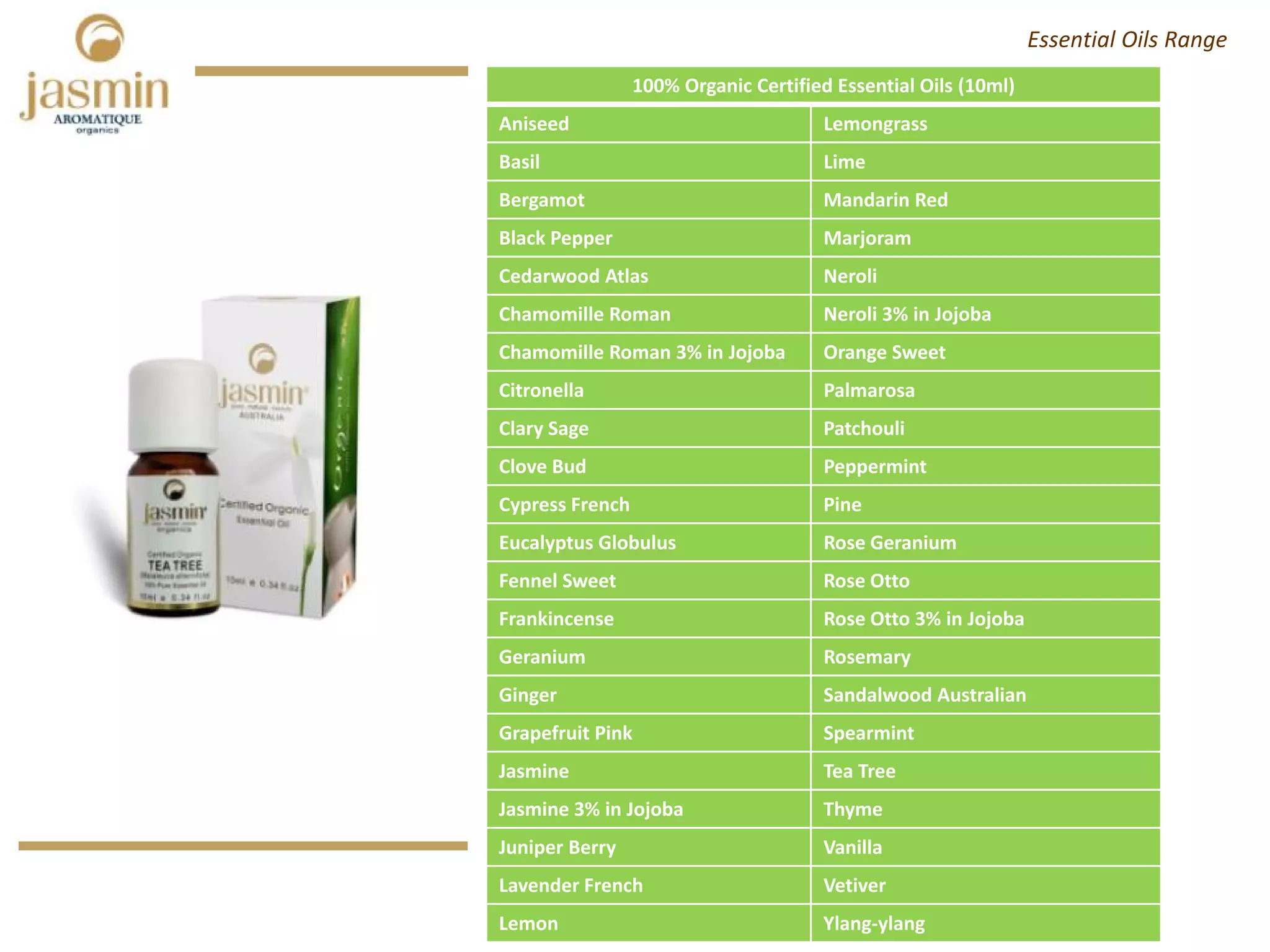 100% Organic Certified Essential Oils (10ml)
Aniseed Lemongrass
Basil Lime
Bergamot Mandarin Red
Black Pepper Marjoram
Cedarwood Atlas Neroli
Chamomille Roman Neroli 3% in Jojoba
Chamomille Roman 3% in Jojoba Orange Sweet
Citronella Palmarosa
Clary Sage Patchouli
Clove Bud Peppermint
Cypress French Pine
Eucalyptus Globulus Rose Geranium
Fennel Sweet Rose Otto
Frankincense Rose Otto 3% in Jojoba
Geranium Rosemary
Ginger Sandalwood Australian
Grapefruit Pink Spearmint
Jasmine Tea Tree
Jasmine 3% in Jojoba Thyme
Juniper Berry Vanilla
Lavender French Vetiver
Lemon Ylang‐ylang
Essential Oils Range
 