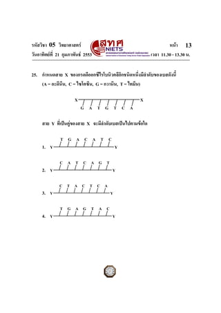 รหัสวิชา 05 วิทยาศาสตร                                              หนา 13
วันอาทิตยที่ 21 กุมภาพันธ 2553                            เวลา 11.30 - 13.30 น.


25. กําหนดสาย X ของกรดดีออกซีไรโบนิวคลีอิกชนิดหนึ่งมีลําดับของเบสดังนี้
    (A = อะดีนีน, C = ไซโตซีน, G = กวานีน, T = ไทมีน)

                      X                              X
                          G A T G T C A

     สาย Y ที่เปนคูของสาย X จะมีลําดับเบสเปนไปตามขอใด

               T G A C A T C
     1. Y                                 Y

               C A T C A G T
     2. Y                              Y

              C T A C T C A
     3. Y                             Y

               T G A G T A C
     4. Y                              Y




ฉบับ 1 สําหรับการสอบปกติ
 