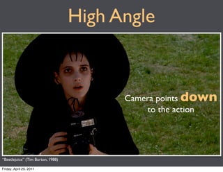 High Angle


                                         Camera points down
                                             to the action




“Beetlejuice” (Tim Burton, 1988)

Friday, April 29, 2011
 