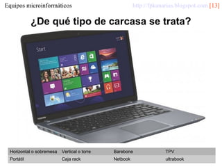 http://fpkanarias.blogspot.com [13]

Equipos microinformáticos

¿De qué tipo de carcasa se trata?

Horizontal o sobremesa

Vertical o torre

Barebone

TPV

Portátil

Caja rack

Netbook

ultrabook

 