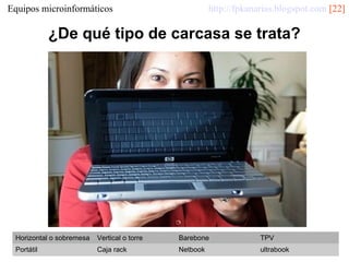http://fpkanarias.blogspot.com [22]

Equipos microinformáticos

¿De qué tipo de carcasa se trata?

Horizontal o sobremesa

Vertical o torre

Barebone

TPV

Portátil

Caja rack

Netbook

ultrabook

 