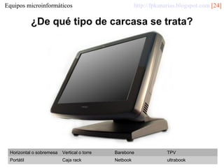 http://fpkanarias.blogspot.com [24]

Equipos microinformáticos

¿De qué tipo de carcasa se trata?

Horizontal o sobremesa

Vertical o torre

Barebone

TPV

Portátil

Caja rack

Netbook

ultrabook

 