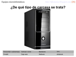 http://fpkanarias.blogspot.com [26]

Equipos microinformáticos

¿De qué tipo de carcasa se trata?

Horizontal o sobremesa

Vertical o torre

Barebone

TPV

Portátil

Caja rack

Netbook

ultrabook

 