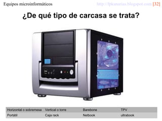 http://fpkanarias.blogspot.com [32]

Equipos microinformáticos

¿De qué tipo de carcasa se trata?

Horizontal o sobremesa

Vertical o torre

Barebone

TPV

Portátil

Caja rack

Netbook

ultrabook

 