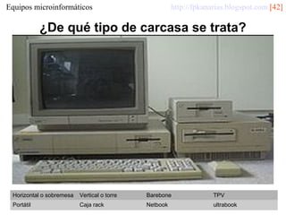 http://fpkanarias.blogspot.com [42]

Equipos microinformáticos

¿De qué tipo de carcasa se trata?

Horizontal o sobremesa

Vertical o torre

Barebone

TPV

Portátil

Caja rack

Netbook

ultrabook

 
