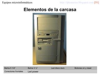 Equipos microinformáticos

http://fpkanarias.blogspot.com [51]

Elementos de la carcasa

Bahía 5 1/4”

Bahía 3 ½”

Conectores frontales

Led power

Led disco duro

Botones on y reset

 