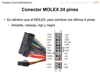 Equipos microinformáticos

http://fpkanarias.blogspot.com [97]

Conector MOLEX 24 pines
●

Es idéntico que el MOLEX, pero cambian los últimos 4 pines
–

Amarillo, naranja, rojo y negro

 