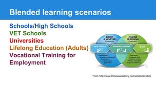 Blended learning scenarios
Schools/High Schools
VET Schools
Universities
Lifelong Education (Adults)
Vocational Training for
Employment
From: http://www.theteslaacademy.com/whatisblended/
 