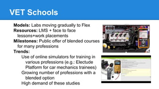 VET Schools
Models: Labs moving gradually to Flex
Resources: LMS + face to face
lessons+work placements
Milestones: Public offer of blended courses
for many professions
Trends:
Use of online simulators for training in
various professions (e.g.: Electude
Platform for car mechanics trainees)
Growing number of professions with a
blended option
High demand of these studies
 