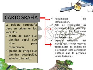 CARTOGRAFÍA                   Herramienta               de
                               comunicación.
La palabra cartografía        Arte de representar los
tiene su origen en los         elementos de la superficie
vocablos:                      terrestre o los fenómenos
                               que ocurren sobre ésta,
 charta del Latín que         mediante mapas.
   significa papel que        Expresa     fenómeno      del
   sirve              para     mundo real, Y tener mayores
   comunicarse                 posibilidades de análisis de
 grapho del griego que        información para comprobar
                               hipótesis que le permitan
   significa descripción,      tomar decisiones.
   estudio o tratado.
 