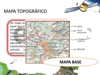 MAPA TOPOGRÁFICO

  Un mapa topográfico o de propósito general es
  aquel que representa gráficamente los principales
  elementos que conforman la superficie de la
  Tierra,     tales     como       las   vías     de
  comunicación, entidades de población, la
  hidrografía y el relieve, definiendo una precisión
  adecuada a la escala y estableciendo unas
  características de localización que permiten
  articular la cartografía de considerables
  extensiones de terreno.


                                            MAPA BASE
 