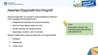 AsesmenDiagnostikNon-Kognitif
Asesmen diagnostik non-kognitif di awal pembelajaran dilakukan
untuk menggali hal-hal sepertiberikut:
• Kesejahteraan psikologis dan sosial emosisisiwa
• Aktivitas siswa selama belajar dirumah
• Kondisi keluarga dan pergaulansiswa
• Gayabelajar, karakter, serta minatsiswa
Tahapan melaksanakan asesmen diagnostik non-kognitif adalah:
1. Persiapan
2. Pelaksanaan
3. Tindak Lanjut
Tips:
Ketrampilan bertanya dan
membuat pertanyaanpenting
pada asesmenini!
 