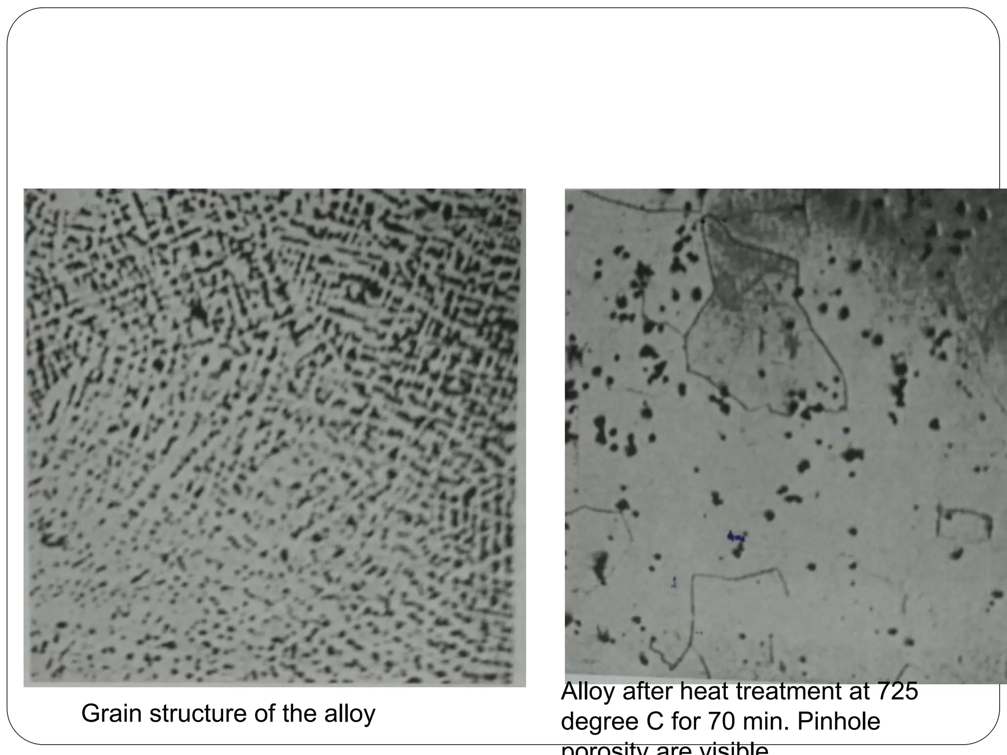 Alloy after heat treatment at 725
degree C for 70 min. Pinhole
Grain structure of the alloy
 