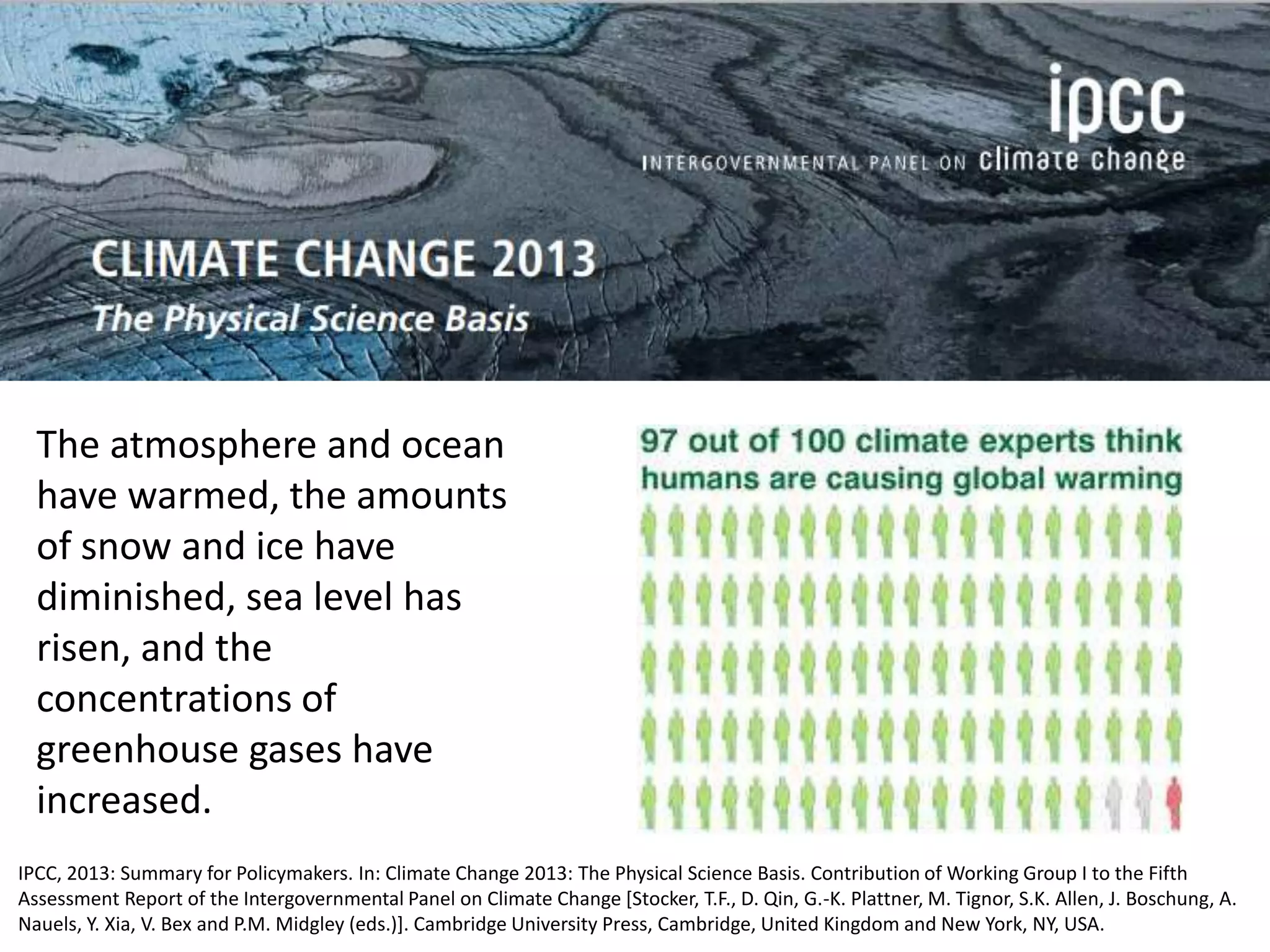 The atmosphere and ocean
have warmed, the amounts
of snow and ice have
diminished, sea level has
risen, and the
concentrations of
greenhouse gases have
increased.
IPCC, 2013: Summary for Policymakers. In: Climate Change 2013: The Physical Science Basis. Contribution of Working Group I to the Fifth
Assessment Report of the Intergovernmental Panel on Climate Change [Stocker, T.F., D. Qin, G.-K. Plattner, M. Tignor, S.K. Allen, J. Boschung, A.
Nauels, Y. Xia, V. Bex and P.M. Midgley (eds.)]. Cambridge University Press, Cambridge, United Kingdom and New York, NY, USA.
 