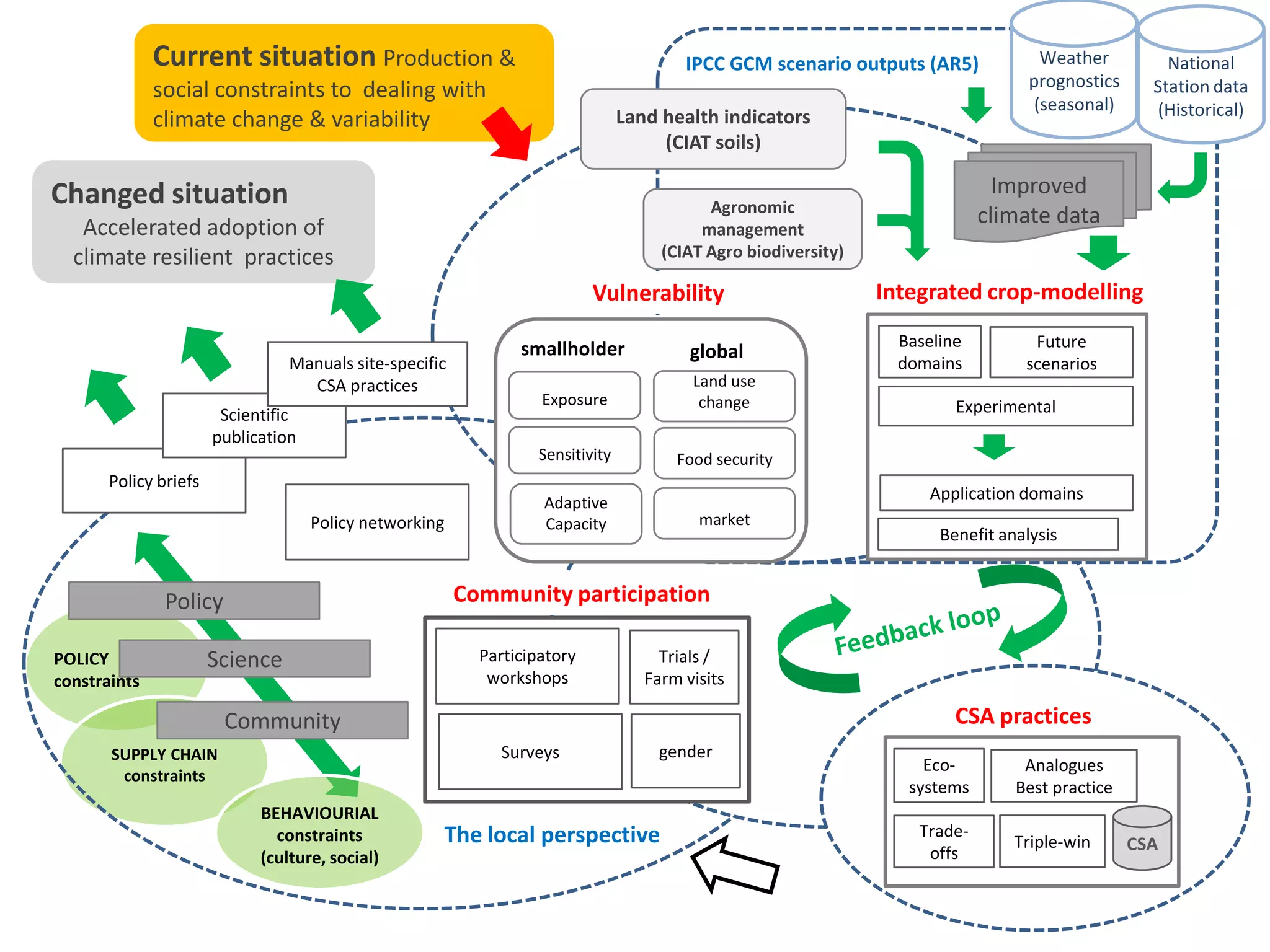 POLICY
constraints
SUPPLY CHAIN
constraints
IPCC GCM scenario outputs (AR5)
Changed situation
Accelerated adoption of
climate resilient practices
Current situation Production &
social constraints to dealing with
climate change & variability
Baseline
domains
Future
scenarios
Experimental
Application domains
Benefit analysis
Science
Policy
Improved
climate data
Land health indicators
(CIAT soils)
Community
Participatory
workshops
Surveys
Trials /
Farm visits
National
Station data
(Historical)
Weather
prognostics
(seasonal)
Integrated crop-modelling
Agronomic
management
(CIAT Agro biodiversity)
CSA practices
CSA
Analogues
Best practice
Triple-win
Eco-
systems
Exposure
Sensitivity
Adaptive
Capacity
The local perspective
Community participation
Trade-
offs
Land use
change
market
Vulnerability
Food security
smallholder global
gender
Policy briefs
Scientific
publication
Manuals site-specific
CSA practices
Policy networking
BEHAVIOURIAL
constraints
(culture, social)
 