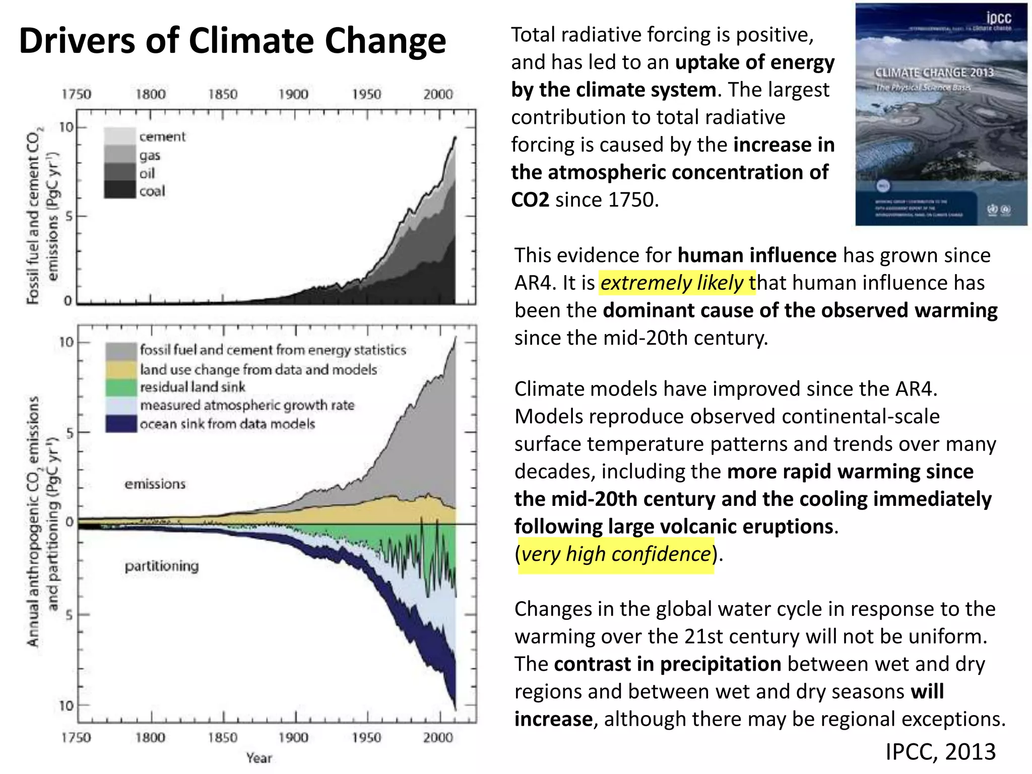 Drivers of Climate Change Total radiative forcing is positive,
and has led to an uptake of energy
by the climate system. The largest
contribution to total radiative
forcing is caused by the increase in
the atmospheric concentration of
CO2 since 1750.
Climate models have improved since the AR4.
Models reproduce observed continental-scale
surface temperature patterns and trends over many
decades, including the more rapid warming since
the mid-20th century and the cooling immediately
following large volcanic eruptions.
(very high confidence).
This evidence for human influence has grown since
AR4. It is extremely likely that human influence has
been the dominant cause of the observed warming
since the mid-20th century.
Changes in the global water cycle in response to the
warming over the 21st century will not be uniform.
The contrast in precipitation between wet and dry
regions and between wet and dry seasons will
increase, although there may be regional exceptions.
IPCC, 2013
 