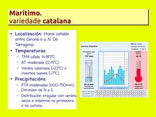 Marítimo.
variedade catalana
●

●

Localización: litoral catalán
entre Girona e o N. De
Tarragona.
Temperaturas:
–
–
–

●

TMA cálida: 14-18'5ºC.
AT moderada (12-15ºC).
Veráns calorosos (>22ºC) e
invernos suaves (>7ºC)

Precipitacións:
–

–

PTA moderadas (600-750mm).
Diminúen de N a S
Distribución irregular con veráns
secos e máximos na primavera
e no outono.

 