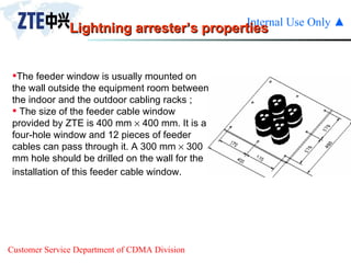 Lightning arrester’s properties The feeder window is usually mounted on the wall outside the equipment room between the indoor and the outdoor cabling racks ;  The size of the feeder cable window provided by ZTE is 400 mm    400 mm. It is a four-hole window and 12 pieces of feeder cables can pass through it. A 300 mm    300 mm hole should be drilled on the wall for the installation of this feeder cable window.   