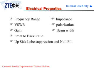    Frequency Range    Impedance    VSWR    polarization    Gain    Beam width     Front to Back Ratio    Up Side Lobe suppression and Null Fill Electrical Properties 