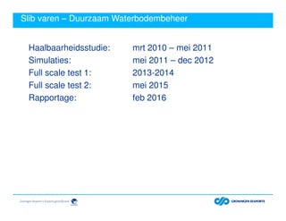Slib varen – Duurzaam Waterbodembeheer
Haalbaarheidsstudie: mrt 2010 – mei 2011
Simulaties: mei 2011 – dec 2012
Full scale test 1: 2013-2014
Full scale test 2: mei 2015
Rapportage: feb 2016
 