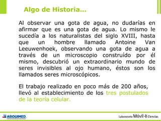 Algo de Historia… Al observar una gota de agua, no dudarías en afirmar que es una gota de agua. Lo mismo le sucedía a los naturalistas del siglo XVIII, hasta que un hombre llamado Antoine Van Leeuwenhoek, observando una gota de agua a través de un microscopio construído por él mismo, descubrió un extraordinario mundo de seres invisibles al ojo humano, éstos son los llamados seres microscópicos. El trabajo realizado en poco más de 200 años, llevó al establecimiento de los  tres postulados de la teoría celular. 