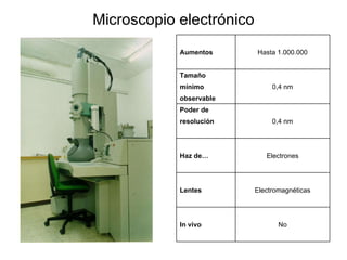 Microscopio electrónico     No In vivo         Electromagnéticas Lentes       Electrones Haz de…         0,4 nm resolución   Poder de   observable 0,4 nm mínimo   Tamaño      Hasta 1.000.000 Aumentos     