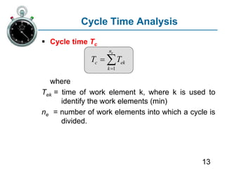 13
Cycle Time Analysis
 Cycle time Tc
where
Tek = time of work element k, where k is used to
identify the work elements (min)
ne = number of work elements into which a cycle is
divided.
1
e
n
c ek
k
T T

 
 