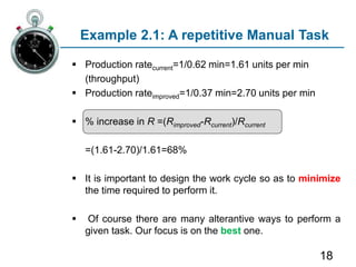 18
 Production ratecurrent=1/0.62 min=1.61 units per min
(throughput)
 Production rateimproved=1/0.37 min=2.70 units per min
 % increase in R =(Rimproved-Rcurrent)/Rcurrent
=(1.61-2.70)/1.61=68%
 It is important to design the work cycle so as to minimize
the time required to perform it.
 Of course there are many alterantive ways to perform a
given task. Our focus is on the best one.
Example 2.1: A repetitive Manual Task
 