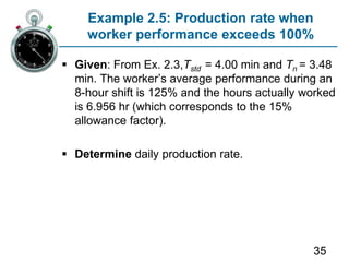 35
Example 2.5: Production rate when
worker performance exceeds 100%
 Given: From Ex. 2.3,Tstd = 4.00 min and Tn = 3.48
min. The worker’s average performance during an
8-hour shift is 125% and the hours actually worked
is 6.956 hr (which corresponds to the 15%
allowance factor).
 Determine daily production rate.
 