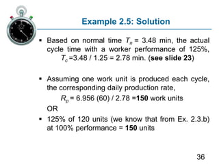 36
Example 2.5: Solution
 Based on normal time Tn = 3.48 min, the actual
cycle time with a worker performance of 125%,
Tc =3.48 / 1.25 = 2.78 min. (see slide 23)
 Assuming one work unit is produced each cycle,
the corresponding daily production rate,
Rp = 6.956 (60) / 2.78 =150 work units
OR
 125% of 120 units (we know that from Ex. 2.3.b)
at 100% performance = 150 units
 