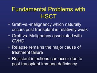 Fundamental Problems with
HSCT
• Graft-vs.-malignancy which naturally
occurs post transplant is relatively weak
• Graft vs. Malignancy associated with
GVHD
• Relapse remains the major cause of
treatment failure
• Resistant infections can occur due to
post transplant immune deficiency
 