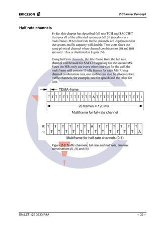 2 Channel Concept
EN/LZT 123 3333 R4A – 33 –
Half rate channels
So far, this chapter has described full rate TCH and SACCH/T
that uses all of the allocated resources (all 26 timeslots in a
multiframe). When half rate traffic channels are implemented in
the system, traffic capacity will double. Two users share the
same physical channel when channel combinations (ii) and (iii)
are used. This is illustrated in Figure 2-6.
Using half rate channels, the Idle frame from the full rate
channel will be used for SACCH signaling for the second MS.
Since the MSs only use every other time slot for the call, the
multiframe will contain 13 idle frames for each MS. Using
channel combination (iii), one mobile can also be allocated two
traffic channels, for example, one for speech and the other for
data.
T T T T T T T T T T T T A T T T T T T T T T T T T I
T
T
T
T
T
T
T
T
T
T
T
T
A
T
T
T
T
T
T
T
T
T
T
T
T
A
0:
1:
26 frames = 120 ms
TDMA-frame
Multiframe for full-rate channel
Multiframe for half-rate channels (0.1)
Figure 2-6 Traffic channels, full rate and half rate, channel
combinations (i), (ii) and (iii).
 