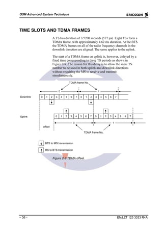 GSM Advanced System Technique
– 36 – EN/LZT 123 3333 R4A
TIME SLOTS AND TDMA FRAMES
A TS has duration of 3/5200 seconds (577 µs). Eight TSs form a
TDMA frame, with approximately 4.62 ms duration. At the BTS
the TDMA frames on all of the radio frequency channels in the
downlink direction are aligned. The same applies to the uplink.
The start of a TDMA frame on uplink is, however, delayed by a
fixed time corresponding to three TS periods as shown in
Figure 2-9. The reason for this delay is to allow the same TS
number to be used in both uplink and downlink directions
without requiring the MS to receive and transmit
simultaneously.
0 1 2 3 4 5 6 7 0 1 2 3 4 5 6 7
0 1
0 1 2 3 4 5 6 7 0 1 2 3 4 5 6 7
0 1
Downlink
Uplink
offset
TDMA frame No.
TDMA frame No.
MS to BTS transmission
BTS to MS transmission
Figure 2-9 TDMA offset.
 