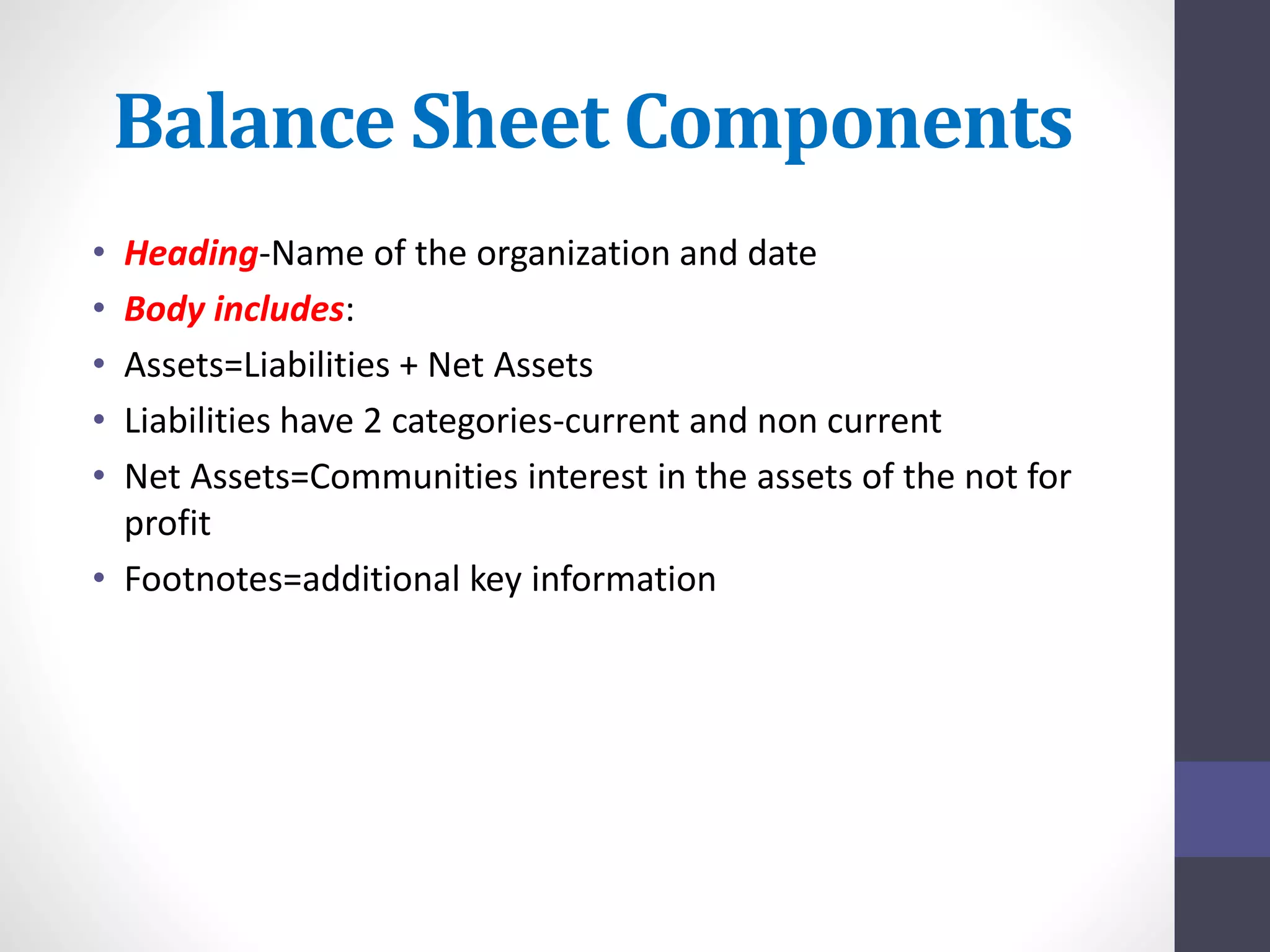 Balance Sheet Components 
• Heading-Name of the organization and date 
• Body includes: 
• Assets=Liabilities + Net Assets 
• Liabilities have 2 categories-current and non current 
• Net Assets=Communities interest in the assets of the not for 
profit 
• Footnotes=additional key information 
 