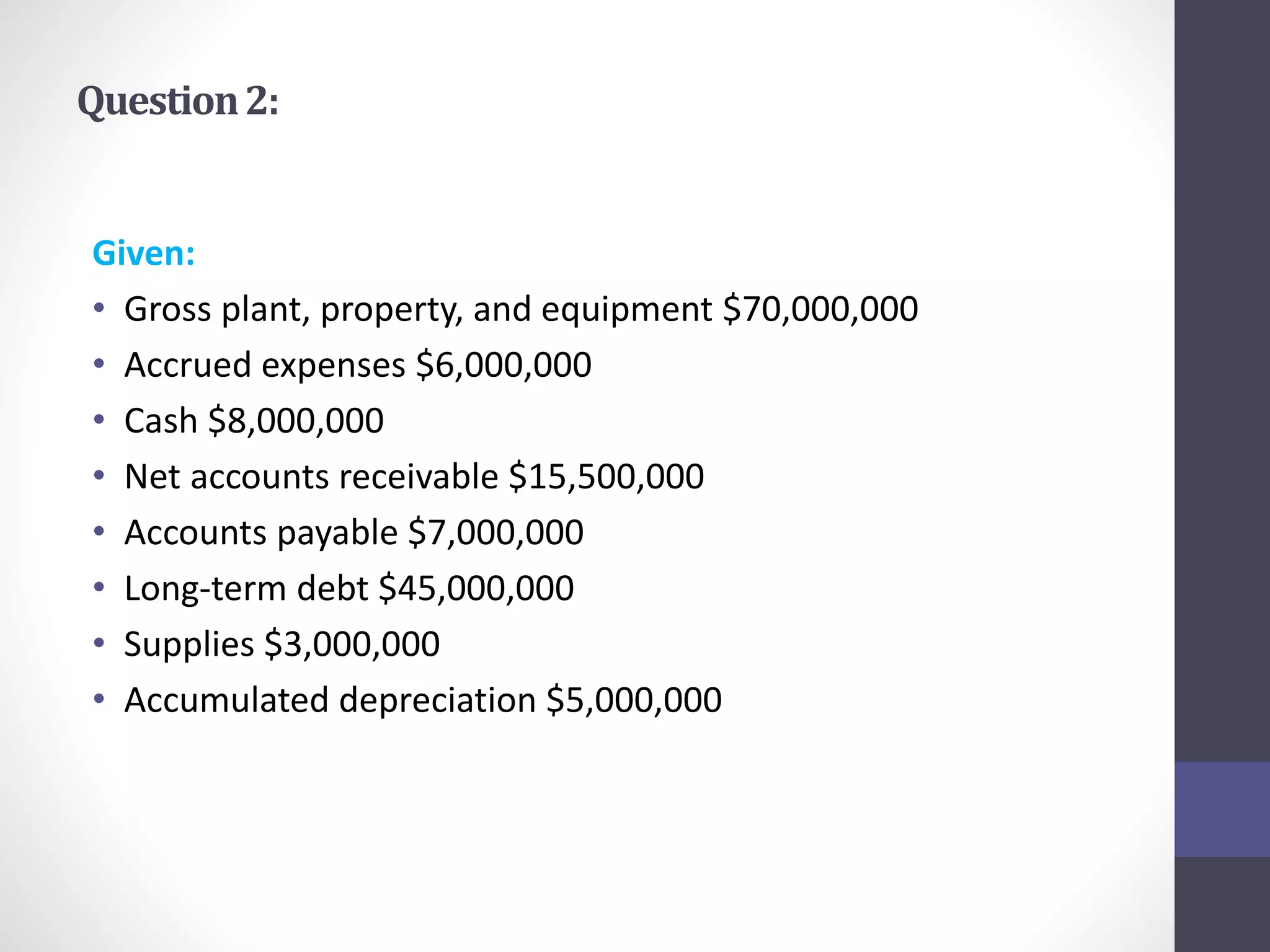 Question 2: 
Given: 
• Gross plant, property, and equipment $70,000,000 
• Accrued expenses $6,000,000 
• Cash $8,000,000 
• Net accounts receivable $15,500,000 
• Accounts payable $7,000,000 
• Long-term debt $45,000,000 
• Supplies $3,000,000 
• Accumulated depreciation $5,000,000 
 
