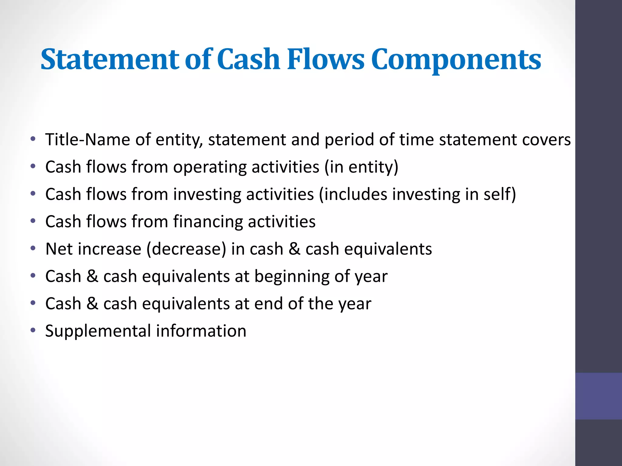Statement of Cash Flows Components 
• Title-Name of entity, statement and period of time statement covers 
• Cash flows from operating activities (in entity) 
• Cash flows from investing activities (includes investing in self) 
• Cash flows from financing activities 
• Net increase (decrease) in cash & cash equivalents 
• Cash & cash equivalents at beginning of year 
• Cash & cash equivalents at end of the year 
• Supplemental information 
 