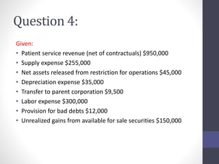 Question 4: 
Given: 
• Patient service revenue (net of contractuals) $950,000 
• Supply expense $255,000 
• Net assets released from restriction for operations $45,000 
• Depreciation expense $35,000 
• Transfer to parent corporation $9,500 
• Labor expense $300,000 
• Provision for bad debts $12,000 
• Unrealized gains from available for sale securities $150,000 
 