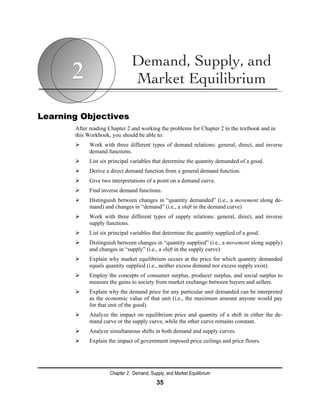 Chapter 2: Demand, Supply, and Market Equilibrium
35
Learning Objectives
After reading Chapter 2 and working the problems for Chapter 2 in the textbook and in
this Workbook, you should be able to:
 Work with three different types of demand relations: general, direct, and inverse
demand functions.
 List six principal variables that determine the quantity demanded of a good.
 Derive a direct demand function from a general demand function.
 Give two interpretations of a point on a demand curve.
 Find inverse demand functions.
 Distinguish between changes in “quantity demanded” (i.e., a movement along de-
mand) and changes in “demand” (i.e., a shift in the demand curve)
 Work with three different types of supply relations: general, direct, and inverse
supply functions.
 List six principal variables that determine the quantity supplied of a good.
 Distinguish between changes in “quantity supplied” (i.e., a movement along supply)
and changes in “supply” (i.e., a shift in the supply curve)
 Explain why market equilibrium occurs at the price for which quantity demanded
equals quantity supplied (i.e., neither excess demand nor excess supply exist).
 Employ the concepts of consumer surplus, producer surplus, and social surplus to
measure the gains to society from market exchange between buyers and sellers.
 Explain why the demand price for any particular unit demanded can be interpreted
as the economic value of that unit (i.e., the maximum amount anyone would pay
for that unit of the good).
 Analyze the impact on equilibrium price and quantity of a shift in either the de-
mand curve or the supply curve, while the other curve remains constant.
 Analyze simultaneous shifts in both demand and supply curves.
 Explain the impact of government imposed price ceilings and price floors.
 