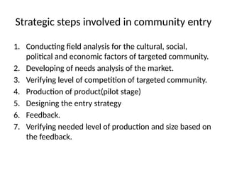 Strategic steps involved in community entry
1. Conducting field analysis for the cultural, social,
political and economic factors of targeted community.
2. Developing of needs analysis of the market.
3. Verifying level of competition of targeted community.
4. Production of product(pilot stage)
5. Designing the entry strategy
6. Feedback.
7. Verifying needed level of production and size based on
the feedback.
 