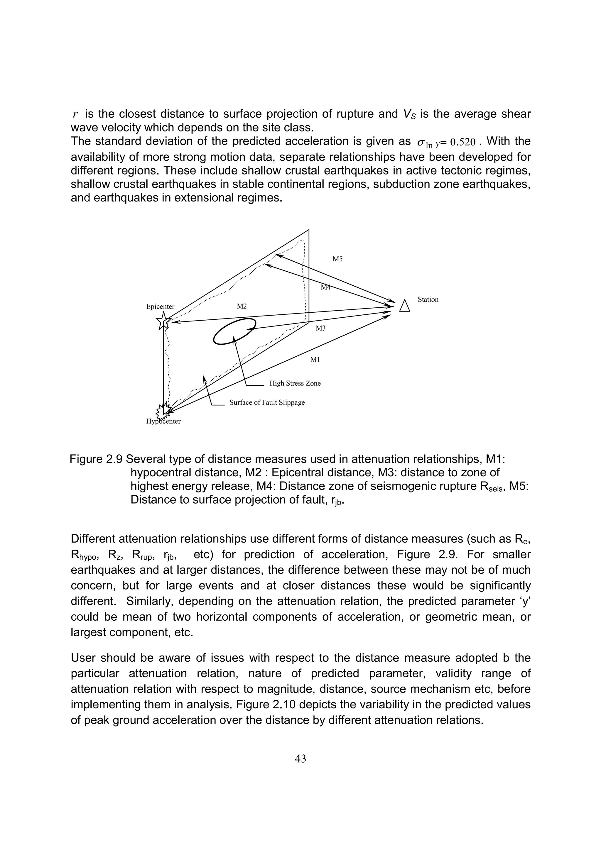 43
r is the closest distance to surface projection of rupture and VS is the average shear
wave velocity which depends on the site class.
The standard deviation of the predicted acceleration is given as 520.0ln =Yσ . With the
availability of more strong motion data, separate relationships have been developed for
different regions. These include shallow crustal earthquakes in active tectonic regimes,
shallow crustal earthquakes in stable continental regions, subduction zone earthquakes,
and earthquakes in extensional regimes.
Figure 2.9 Several type of distance measures used in attenuation relationships, M1:
hypocentral distance, M2 : Epicentral distance, M3: distance to zone of
highest energy release, M4: Distance zone of seismogenic rupture Rseis, M5:
Distance to surface projection of fault, rjb.
Different attenuation relationships use different forms of distance measures (such as Re,
Rhypo, Rz, Rrup, rjb, etc) for prediction of acceleration, Figure 2.9. For smaller
earthquakes and at larger distances, the difference between these may not be of much
concern, but for large events and at closer distances these would be significantly
different. Similarly, depending on the attenuation relation, the predicted parameter ‘y’
could be mean of two horizontal components of acceleration, or geometric mean, or
largest component, etc.
User should be aware of issues with respect to the distance measure adopted b the
particular attenuation relation, nature of predicted parameter, validity range of
attenuation relation with respect to magnitude, distance, source mechanism etc, before
implementing them in analysis. Figure 2.10 depicts the variability in the predicted values
of peak ground acceleration over the distance by different attenuation relations.
Station
Epicenter
Hypocenter
M3
M4
M5
M2
M1
High Stress Zone
Surface of Fault Slippage
 