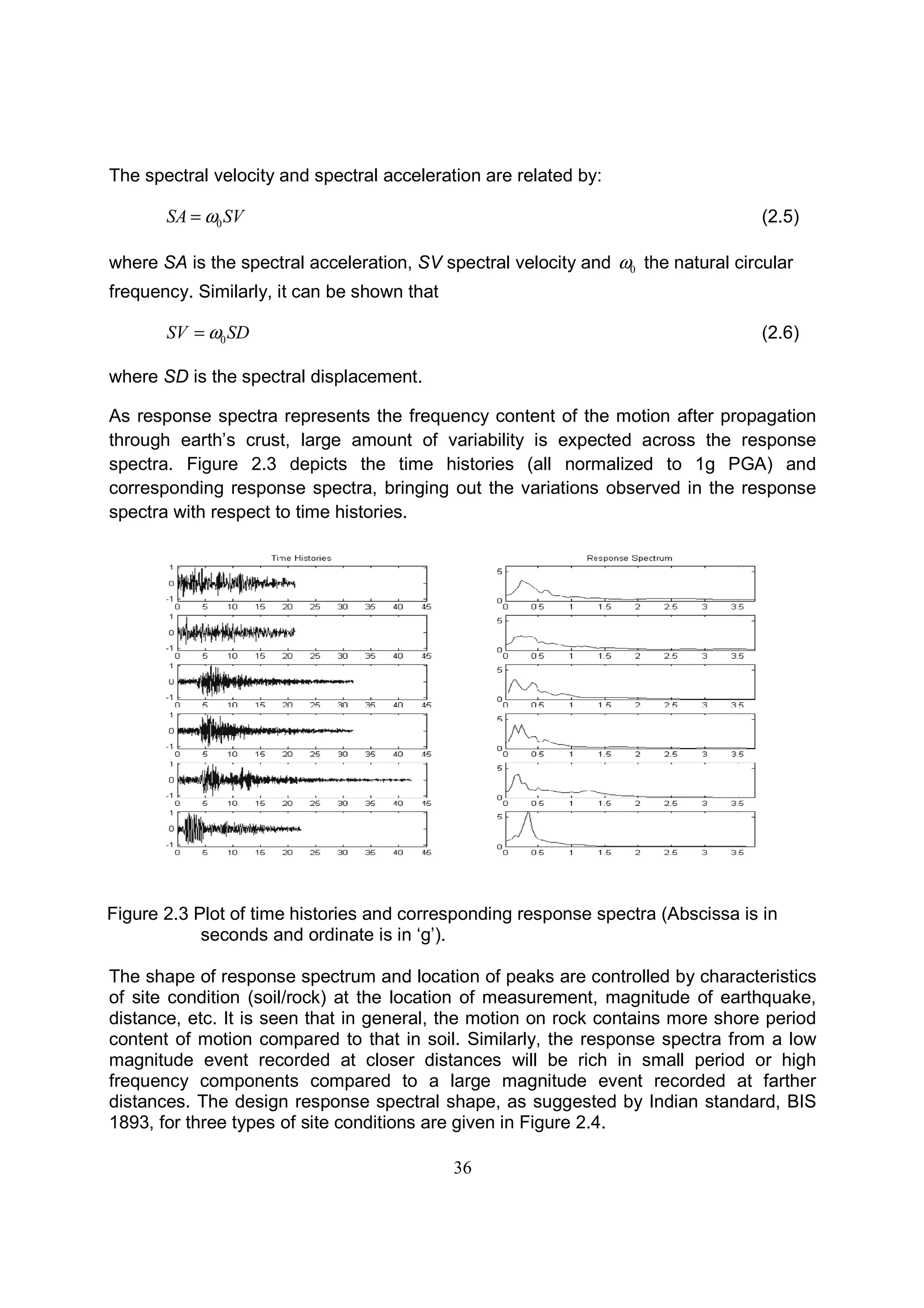 The spectral velocity and spectral acceleration are
0SA SVω=
where SA is the spectral acceleration
frequency. Similarly, it can be shown that
0SV SDω=
where SD is the spectral displacement.
As response spectra represents the frequency content
through earth’s crust, large amount of variability is expected across
spectra. Figure 2.3 depicts the time histories
corresponding response spectra,
spectra with respect to time histories.
Figure 2.3 Plot of time histories
seconds and ordinate is in ‘g’)
The shape of response spectrum and location of peaks are controlled by characteristics
of site condition (soil/rock) at the location of measurement, magnitude of earthquake,
distance, etc. It is seen that in general, the motion on rock contains more shore period
content of motion compared to that in soil. Similarly, the response spectra from a low
magnitude event recorded at closer distances will be rich in small period or high
frequency components compared to a large magnitude event recorded at farther
distances. The design response spectral shape, as suggested by Indian standard,
1893, for three types of site conditions are given in
36
pectral velocity and spectral acceleration are related by:
is the spectral acceleration, SV spectral velocity and 0ω the natural circular
Similarly, it can be shown that
is the spectral displacement.
As response spectra represents the frequency content of the motion after propagation
, large amount of variability is expected across
depicts the time histories (all normalized to 1g PGA)
corresponding response spectra, bringing out the variations observed in the response
spectra with respect to time histories.
histories and corresponding response spectra
seconds and ordinate is in ‘g’).
The shape of response spectrum and location of peaks are controlled by characteristics
(soil/rock) at the location of measurement, magnitude of earthquake,
It is seen that in general, the motion on rock contains more shore period
content of motion compared to that in soil. Similarly, the response spectra from a low
magnitude event recorded at closer distances will be rich in small period or high
ponents compared to a large magnitude event recorded at farther
The design response spectral shape, as suggested by Indian standard,
1893, for three types of site conditions are given in Figure 2.4.
(2.5)
the natural circular
(2.6)
of the motion after propagation
, large amount of variability is expected across the response
(all normalized to 1g PGA) and
variations observed in the response
and corresponding response spectra (Abscissa is in
The shape of response spectrum and location of peaks are controlled by characteristics
(soil/rock) at the location of measurement, magnitude of earthquake,
It is seen that in general, the motion on rock contains more shore period
content of motion compared to that in soil. Similarly, the response spectra from a low
magnitude event recorded at closer distances will be rich in small period or high
ponents compared to a large magnitude event recorded at farther
The design response spectral shape, as suggested by Indian standard, BIS
 